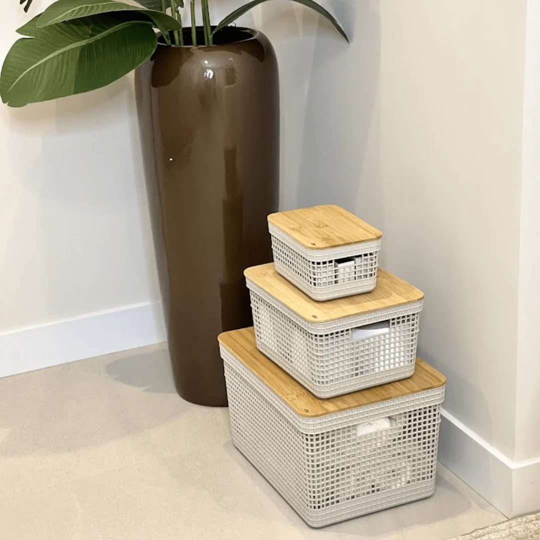 Conjunto 3 Cestos Organizadores Grid Bege com Tampa de Bambu - Image 13