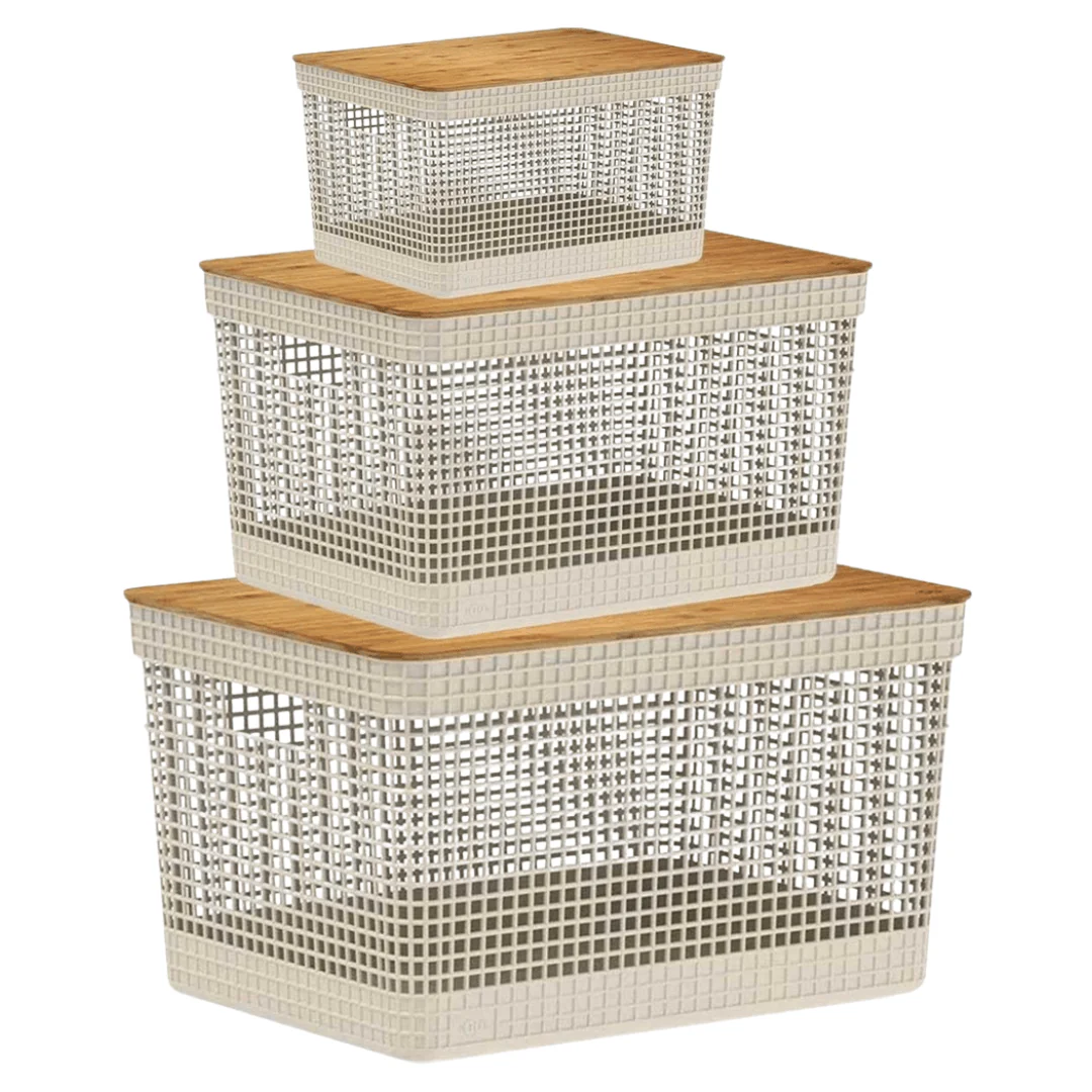 Conjunto 3 Cestos Organizadores Grid Bege com Tampa de Bambu - Image 15