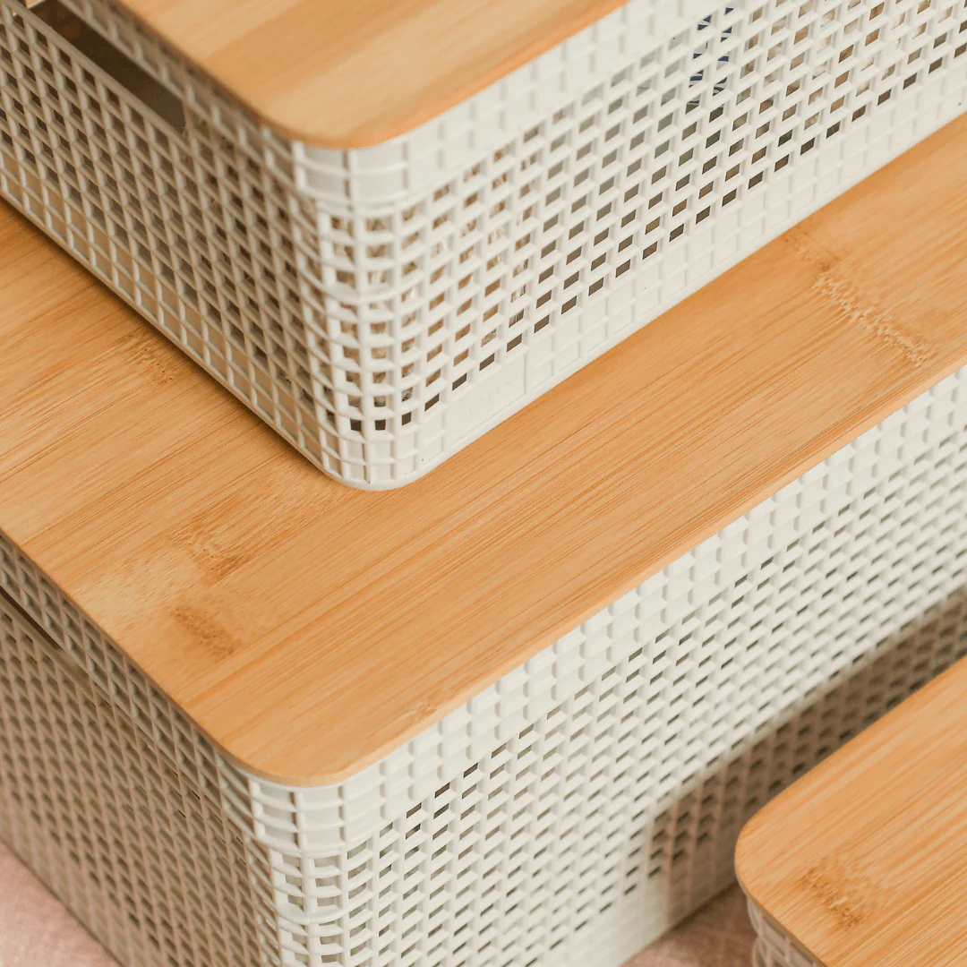 Conjunto 3 Cestos Organizadores Grid Bege com Tampa de Bambu - Image 6