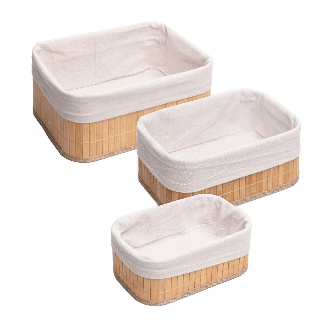 Conjunto 3 Cestos Retangulares de Bambu com Forro de Tecido - Image 2