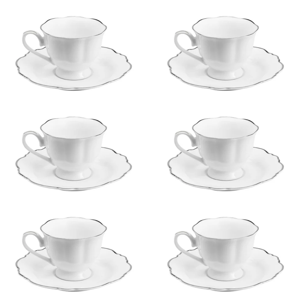Jogo 6 Xícaras de Café Com Pires Porcelana Branco Com Fio Prateado - 80ml