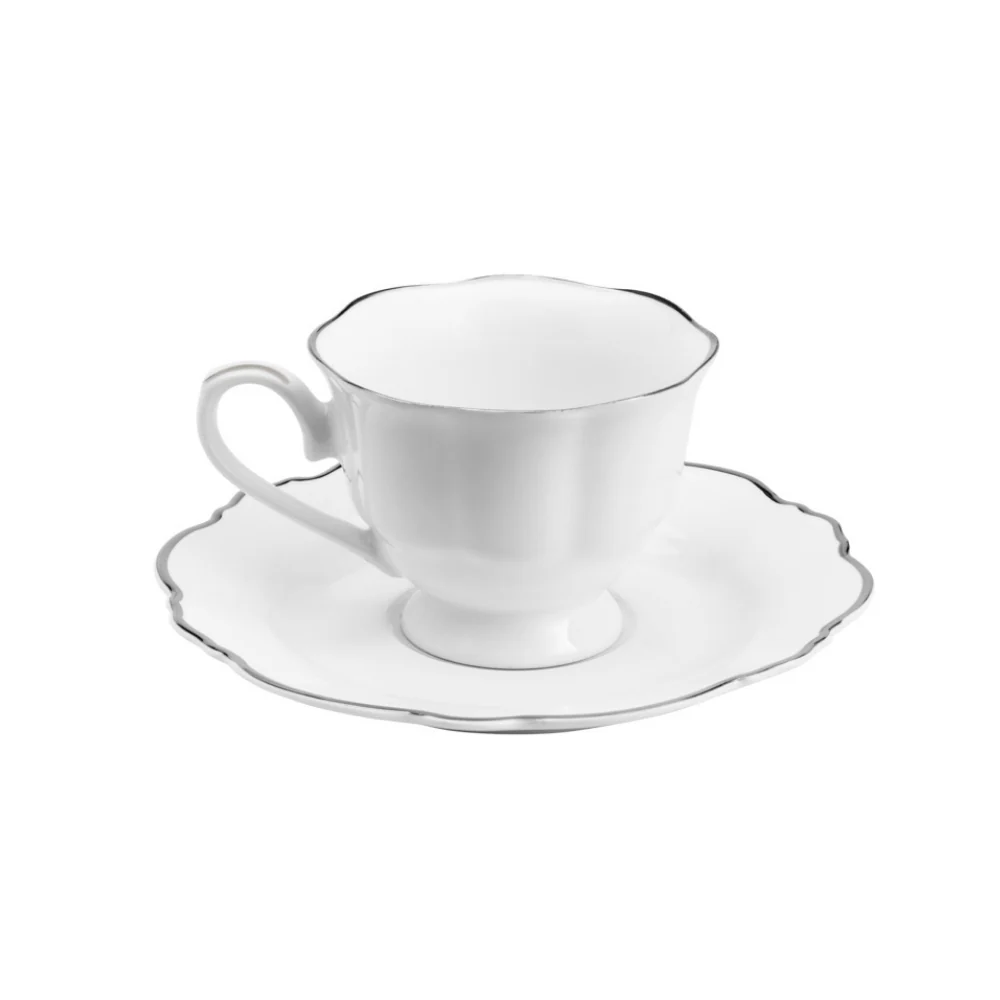Jogo 6 Xícaras de Café Com Pires Porcelana Branco Com Fio Prateado - 80ml - Image 2