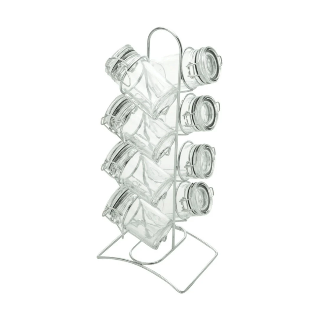 Conjunto 8 Potes Herméticos Vidro Borossilicato 65ml com Suporte de Metal Cromado