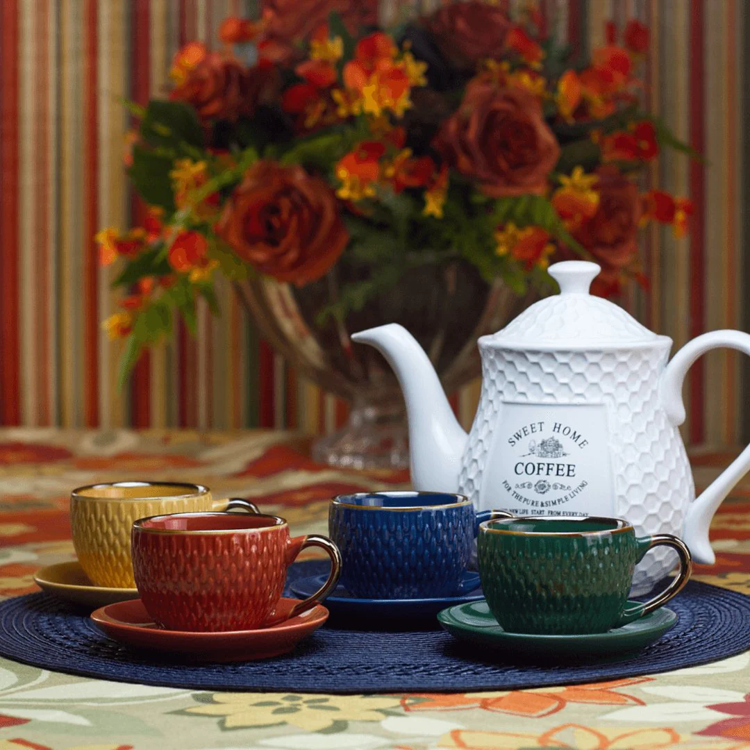 Conjunto 4 Xícaras de Café Com Pires Porcelana Verde Drops com Detalhe Metalizado - 90ml - Image 2