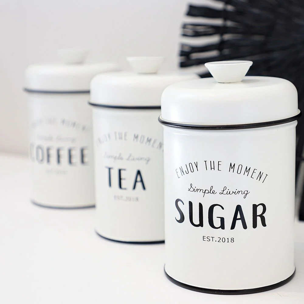 Conjunto de Latas Herméticas Porta Condimentos em Metal Branco Sugar Coffee Tea - 3 Peças - Image 2