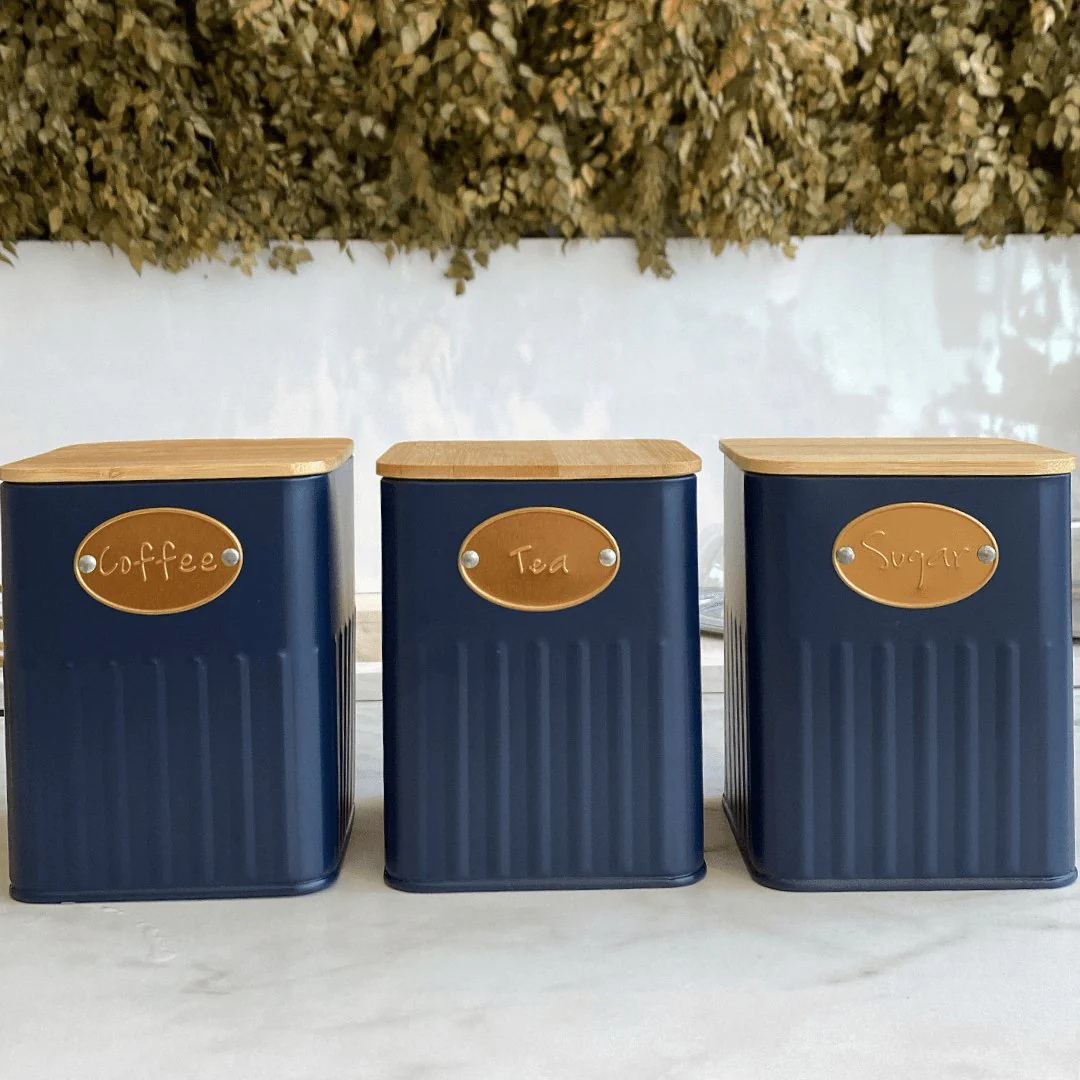 Conjunto De Potes Porta Condimento De Ferro 3pcs Azul e Madeira - Image 2