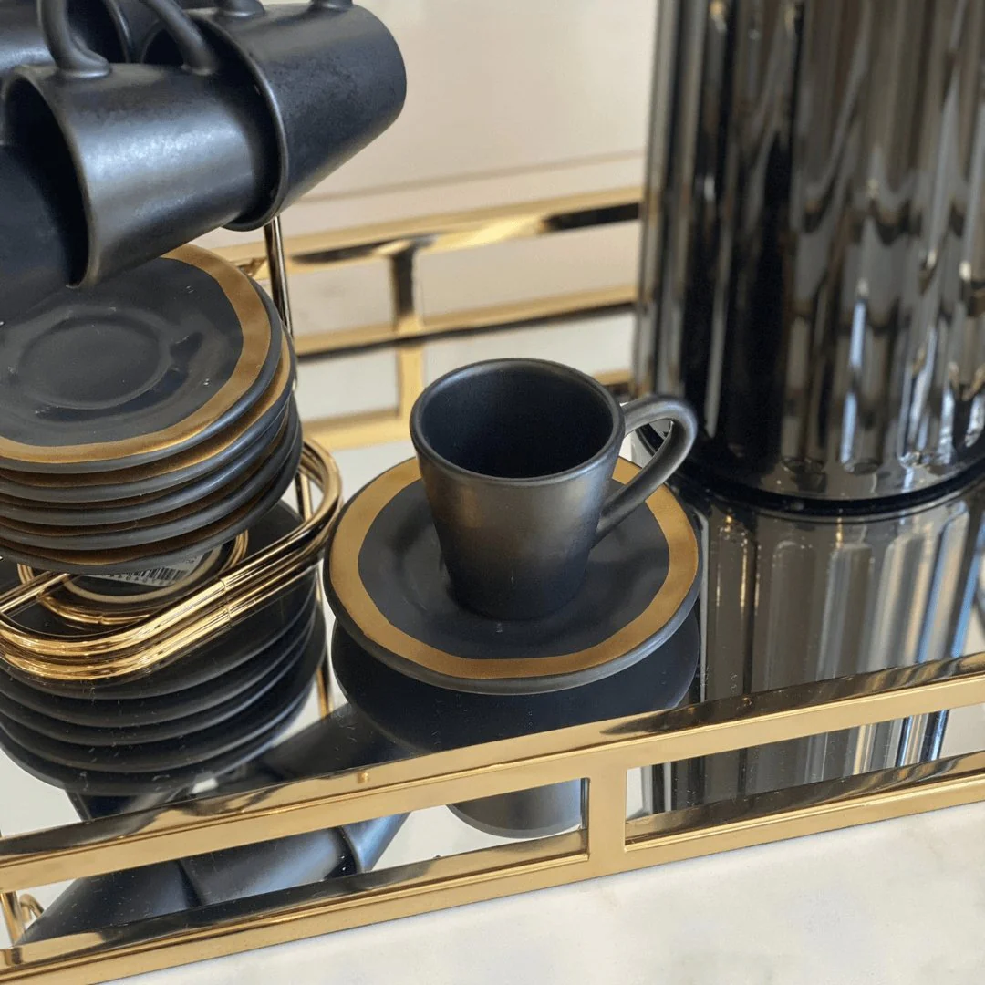 Conjunto de Xícaras de Café com Pires Preto Filete Amassada - Image 2