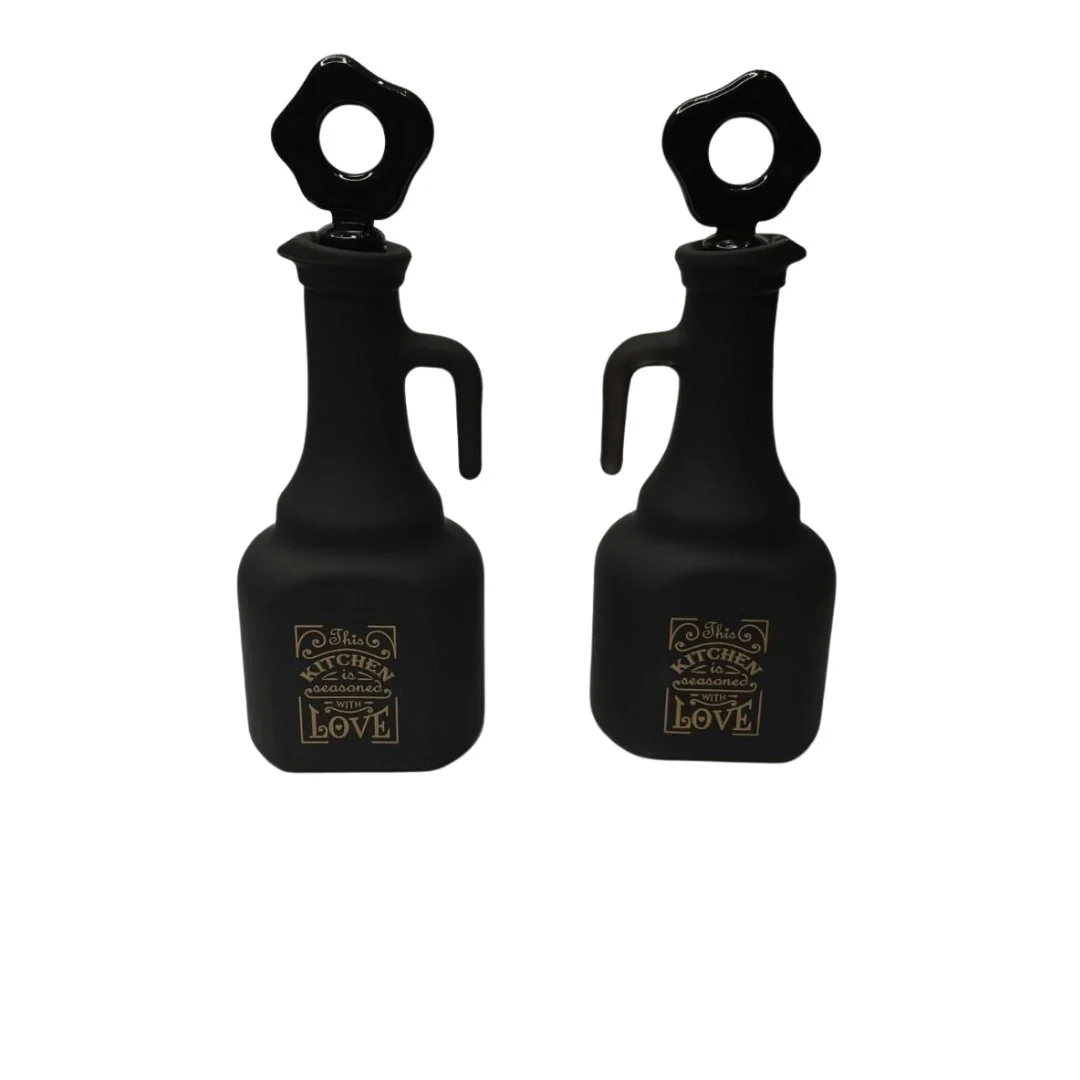 Conjunto Galheteiro Porta Azeite e Vinagre Kitchen de Vidro Preto 300ml 2 Peças