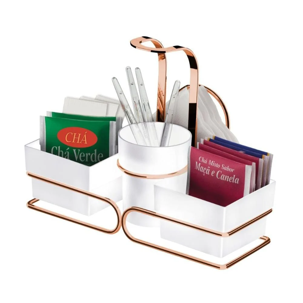 Conjunto para Chá e Café Porta Sachês Mexedor Branco e Rose Gold 3 em 1 - Image 3