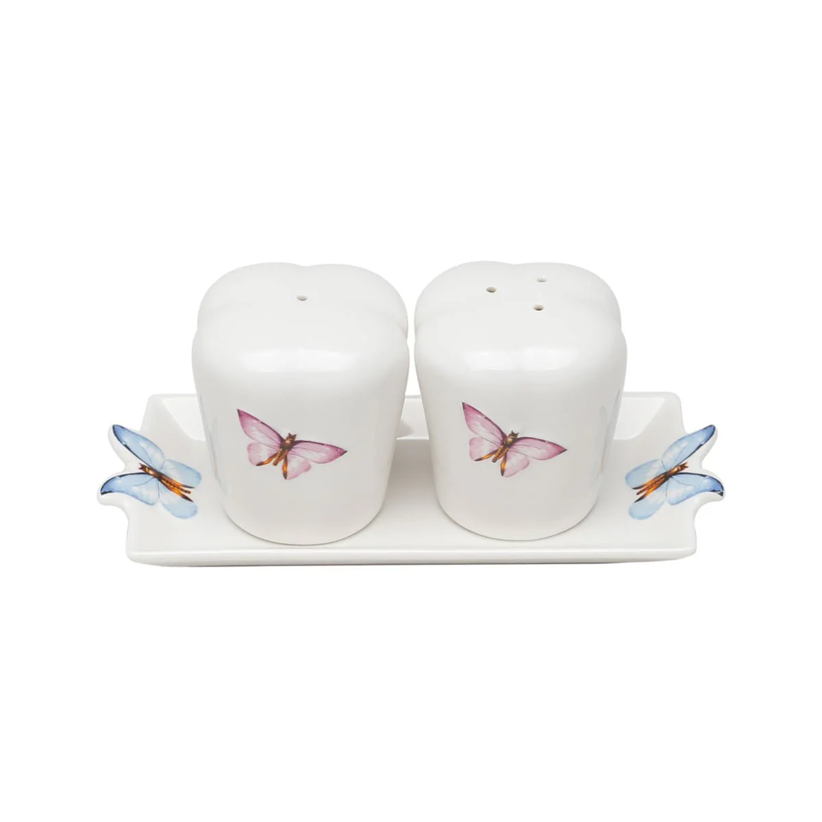 Conjunto Saleiro e Pimenteiro com Bandeja de Porcelana Borboletas Branco 6cm 3 Peças