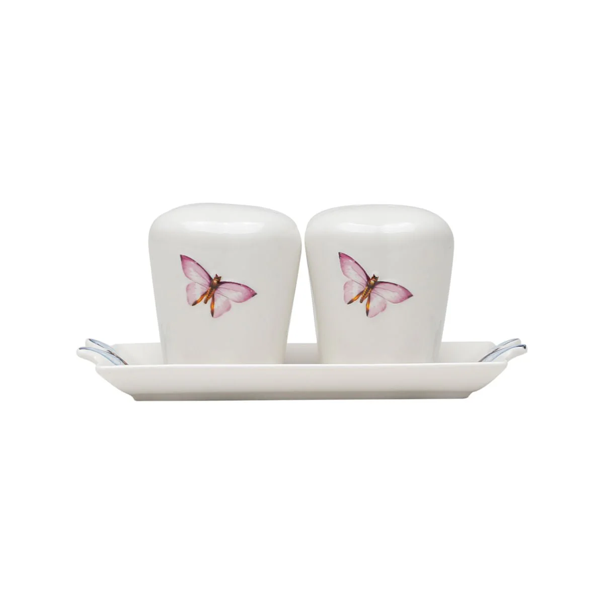 Conjunto Saleiro e Pimenteiro com Bandeja de Porcelana Borboletas Branco 6cm 3 Peças - Image 2