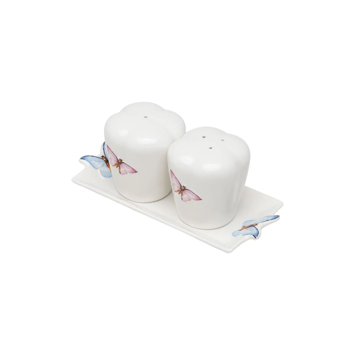 Conjunto Saleiro e Pimenteiro com Bandeja de Porcelana Borboletas Branco 6cm 3 Peças - Image 3