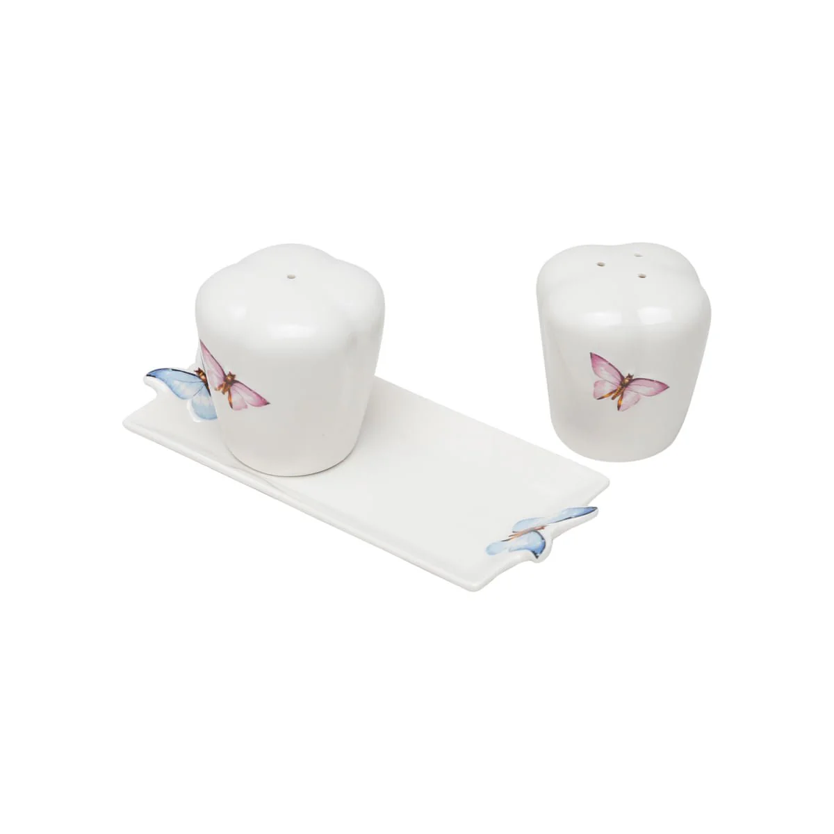 Conjunto Saleiro e Pimenteiro com Bandeja de Porcelana Borboletas Branco 6cm 3 Peças - Image 4