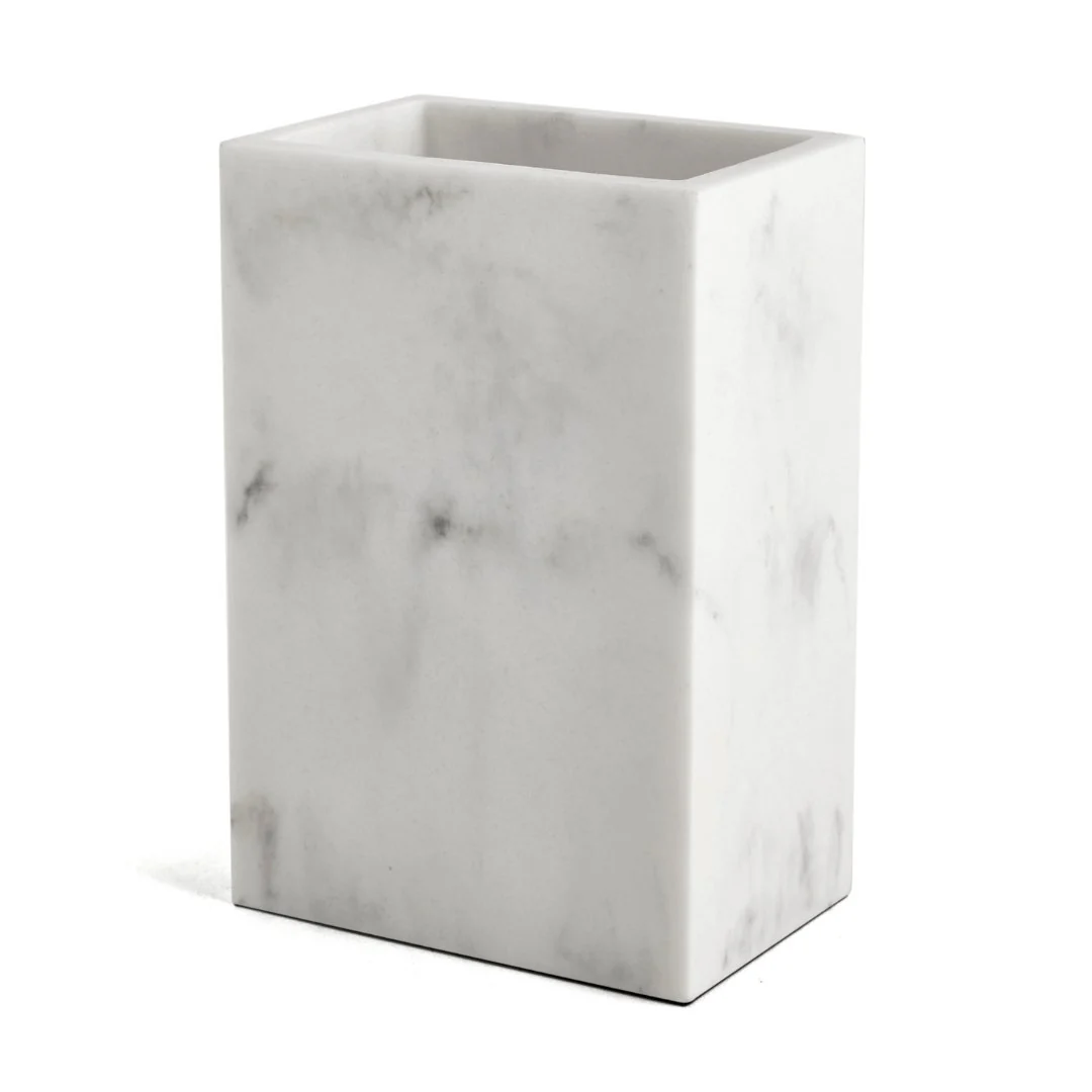 Copo Porta Escova Multiuso em Poliresina Branco Marmorizado 12cm