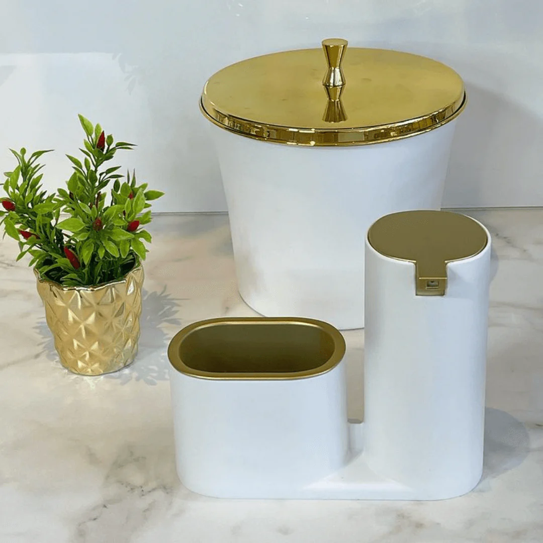 Dispenser Porta Detergente com Bucha Linha Conceito Branco com Dourado - Image 4