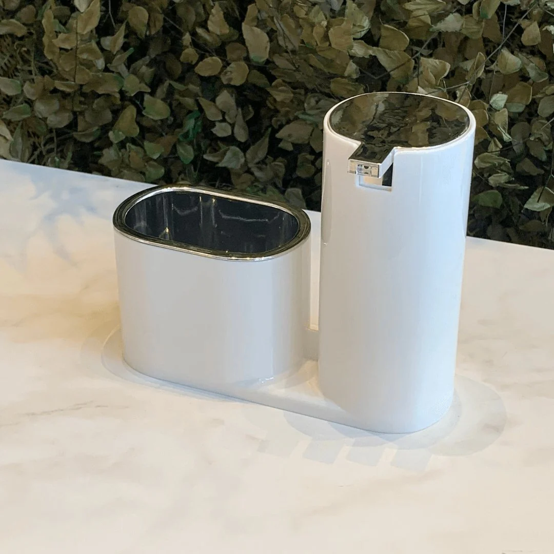 Dispenser Para Detergente E Bucha Branco Com Cromado Linha Conceito - Image 3