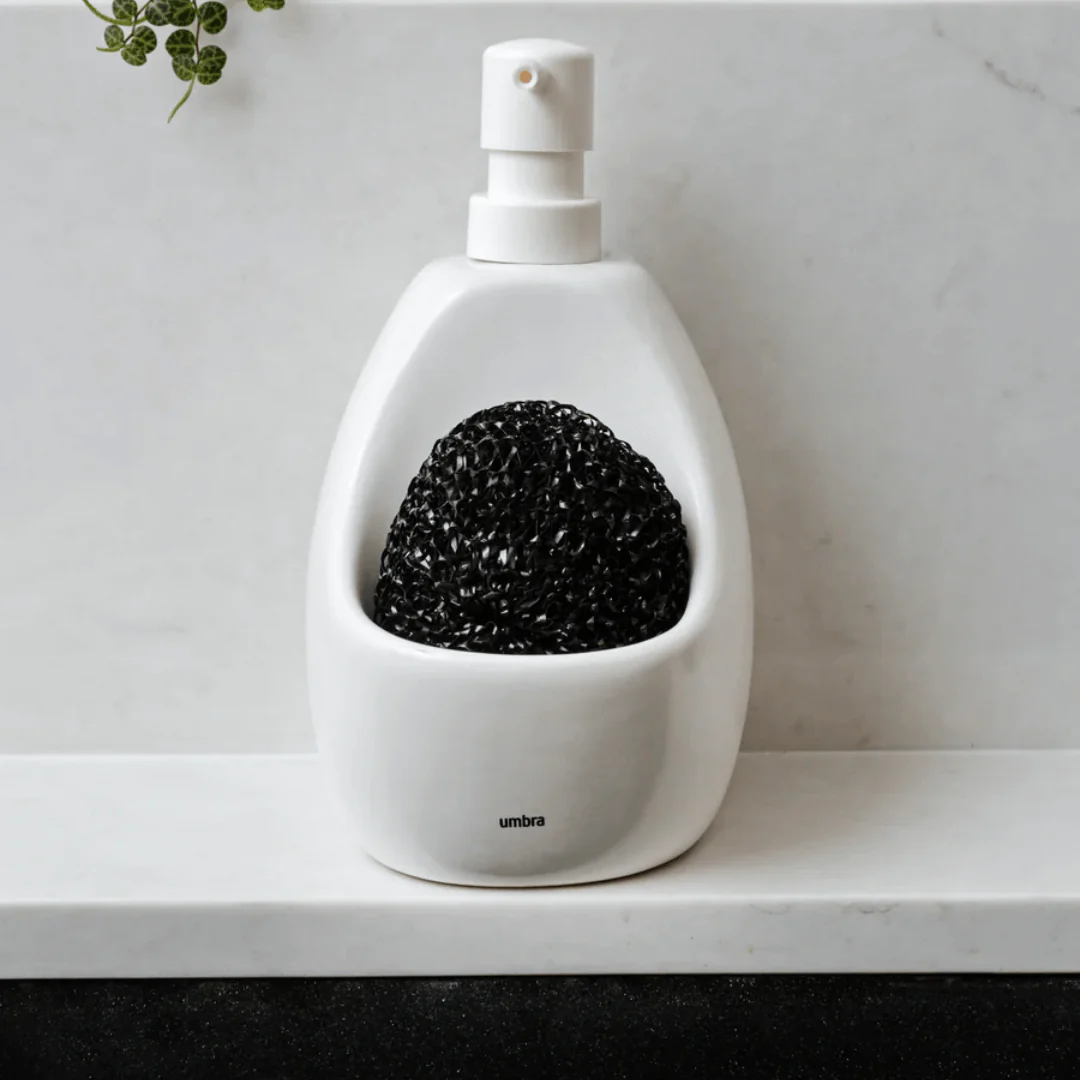 Dispenser Porta Detergente com Esponja Joey Umbra Cerâmica Branco - 591ml - Image 3