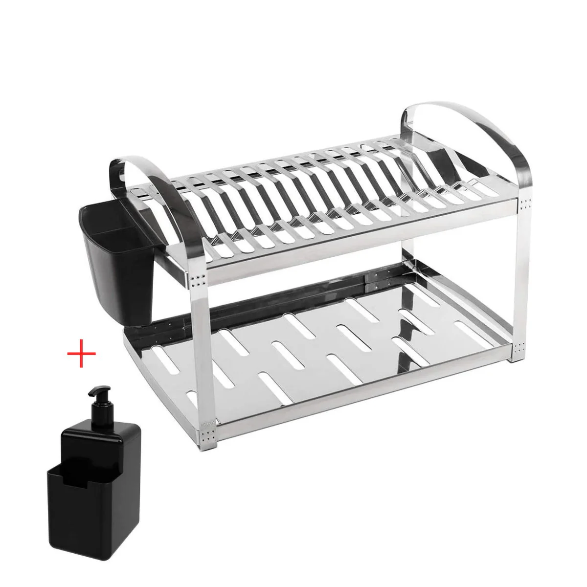 Escorredor de Louças Inox 16 Pratos Com Porta Talheres + Dispenser Detergente Brinde