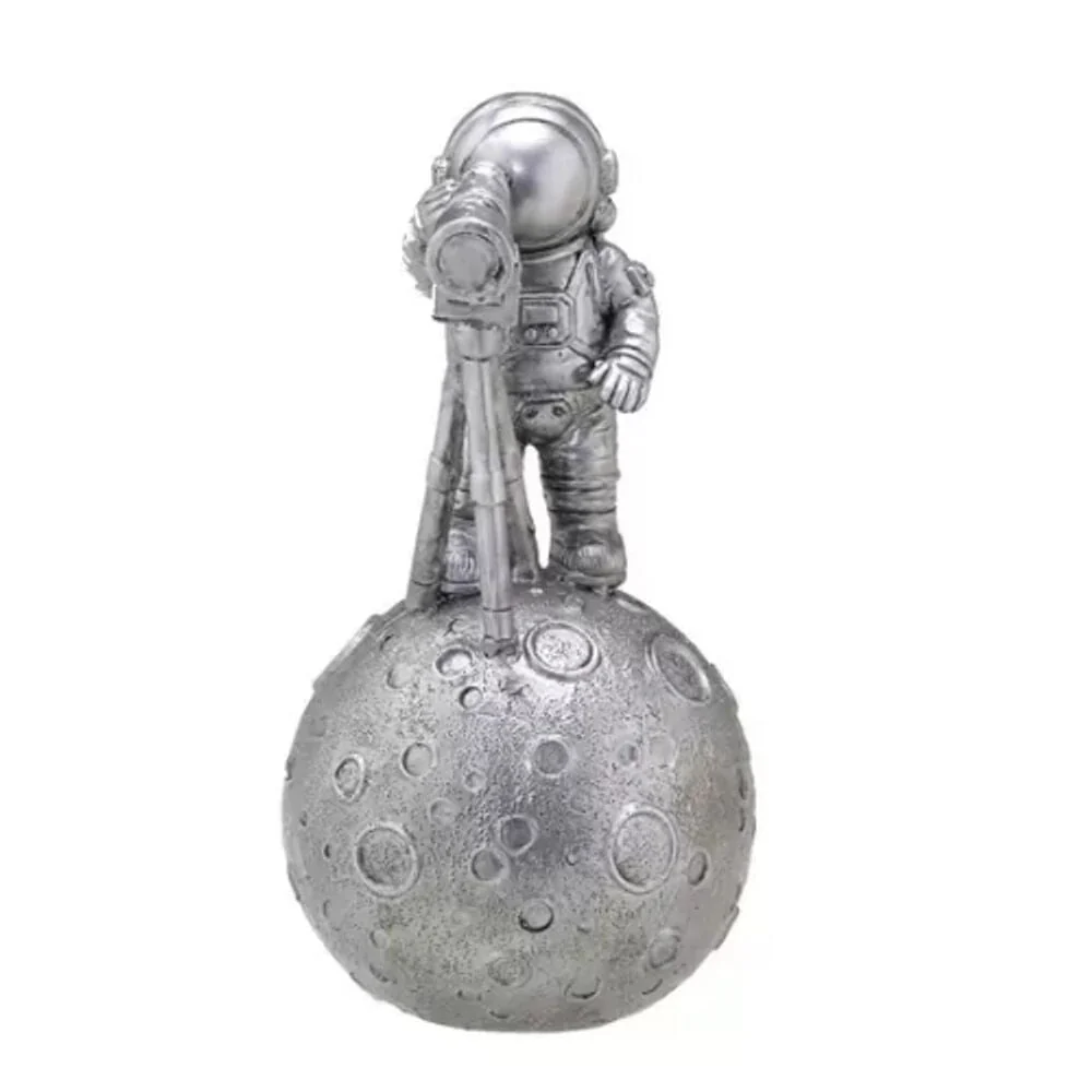 Escultura Astronauta Decorativo com Telescópio Cromado 16,5cm