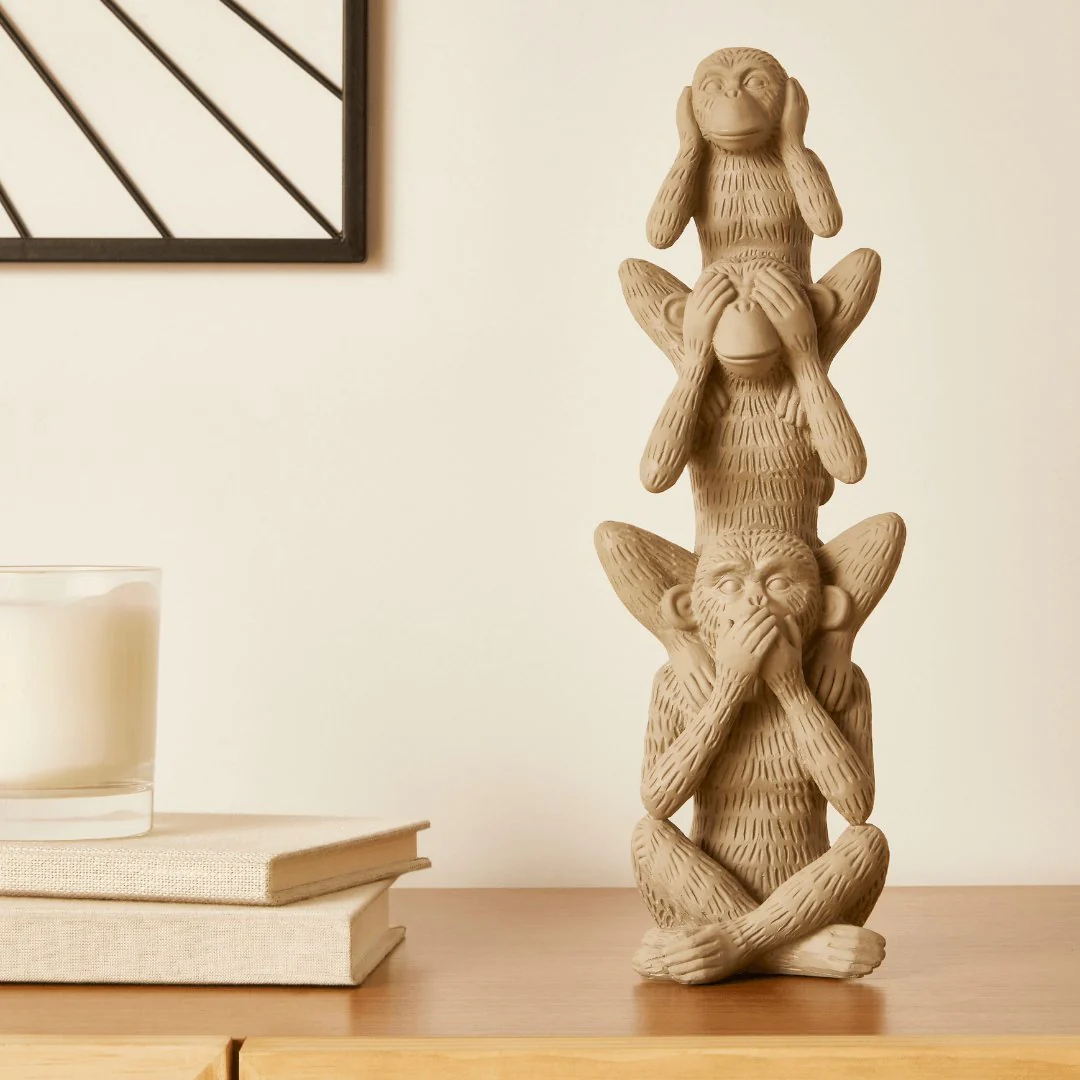 Escultura Macacos em Poliresina Cinza 31cm