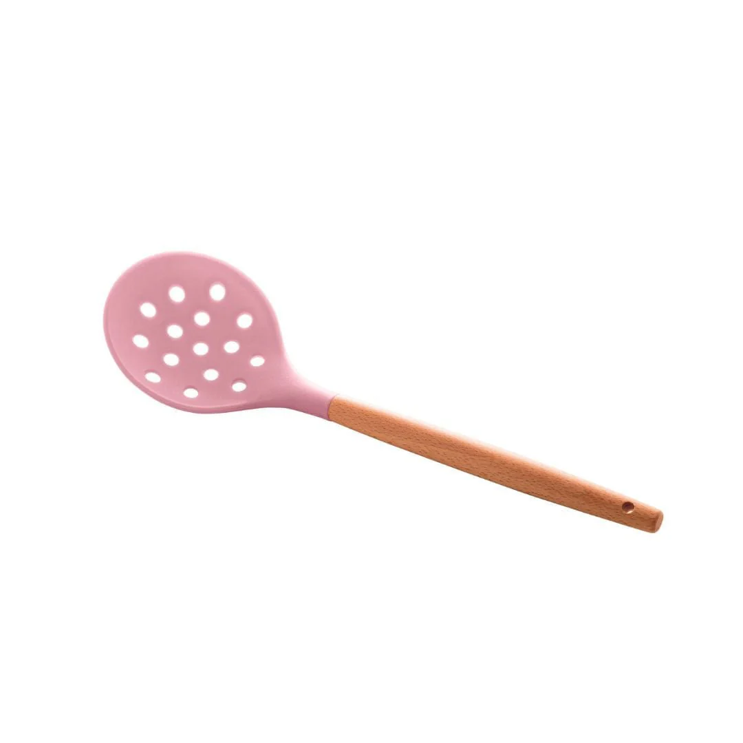 Escumadeira de Silicone com Cabo de Bambu Charmy Rosa 31,5cm