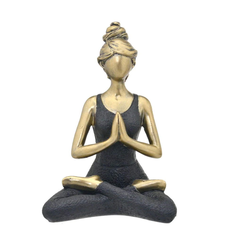 Estátua Mulher Ioga Decorativa em Resina Dourada e Preta 17,5cm