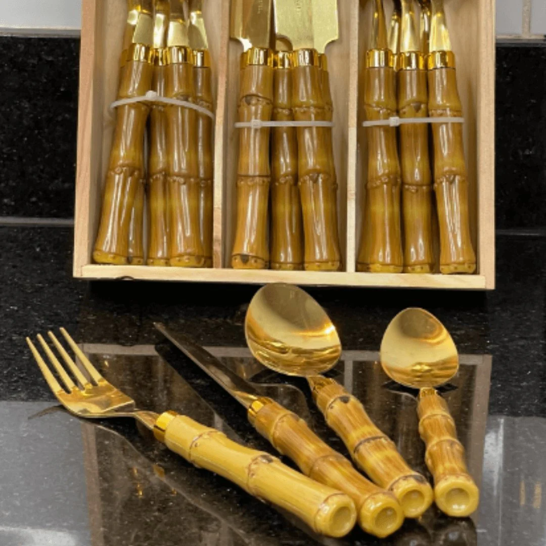 Faqueiro de Aço Inox com Cabo Plástico Bambu Dourado 24 Peças - Image 4