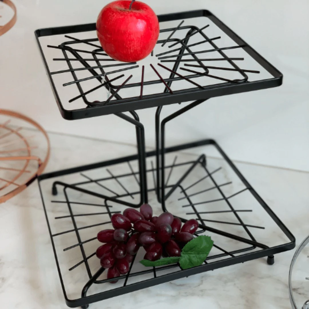 Fruteira Dupla Quadrada Preto Fosco 31 x 31 x A28,5cm