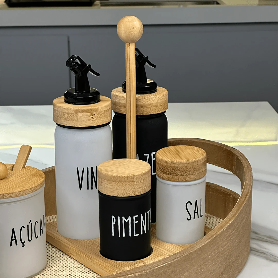 Galheteiro Branco e Preto Doha com Suporte de Bambu 5 Peças - Image 3