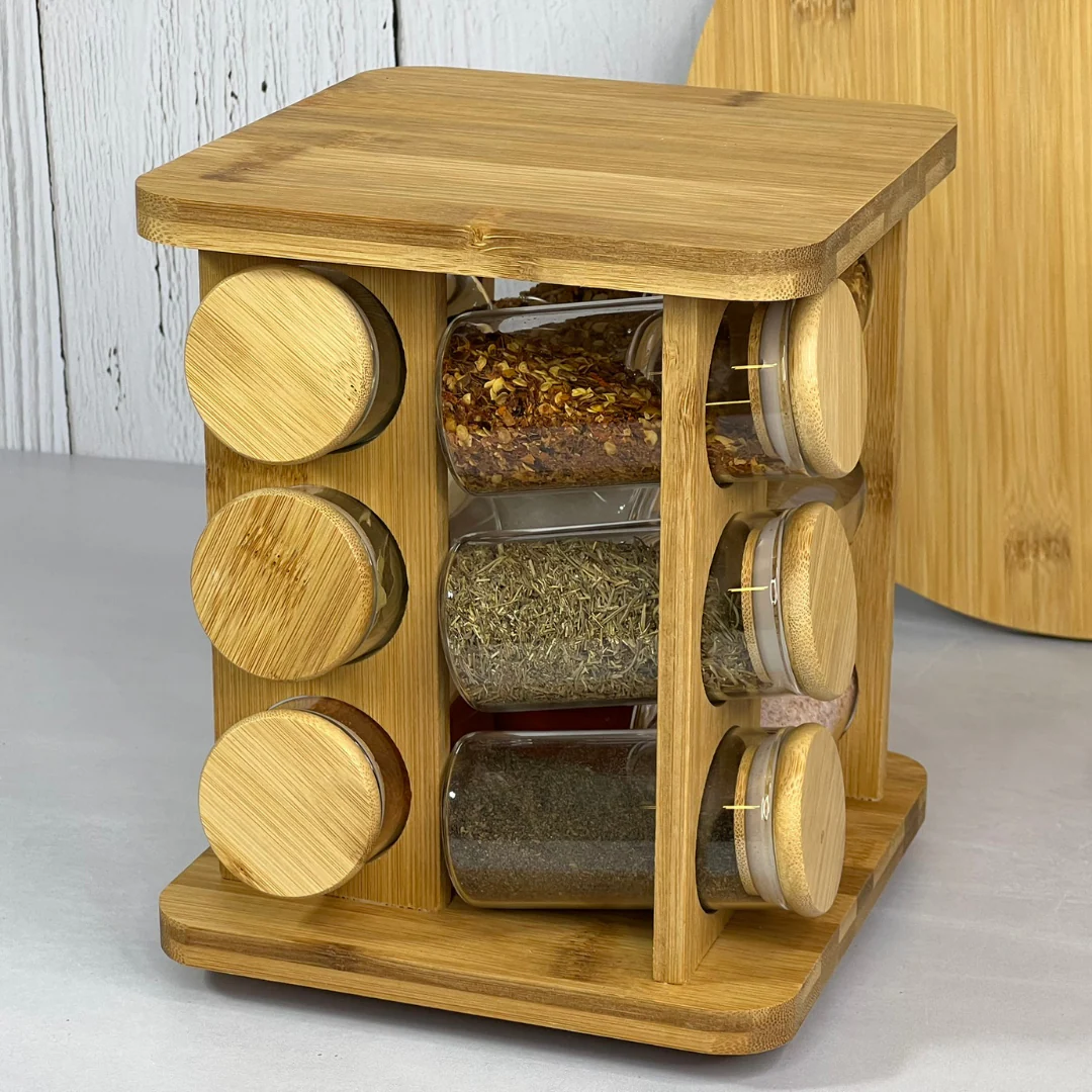 Jogo 12 Potes Herméticos de Vidro 120ml com Suporte Giratório em Bambu - Image 4