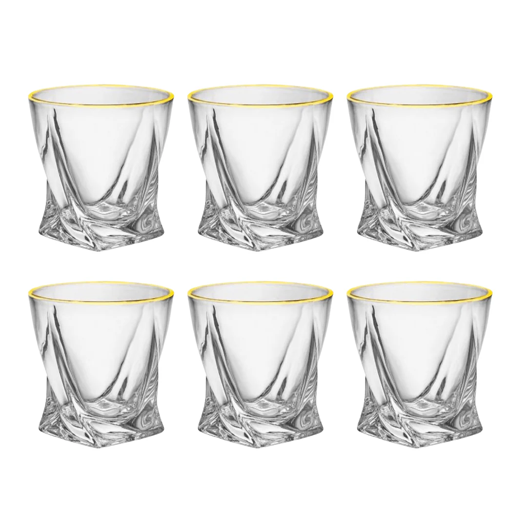 Jogo 6 Copos Baixos Whisky em Cristal com Borda Dourada 300ml