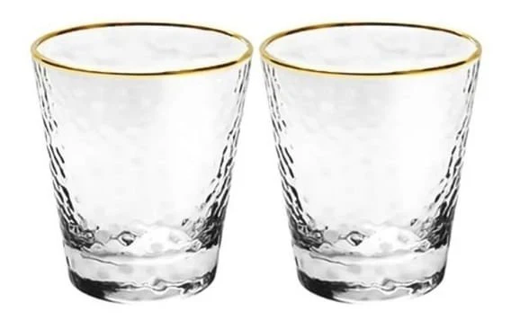 Jogo 2 Copos Vidro Martelado Borda Dourada Fio de Ouro 300ml - 2 Peças