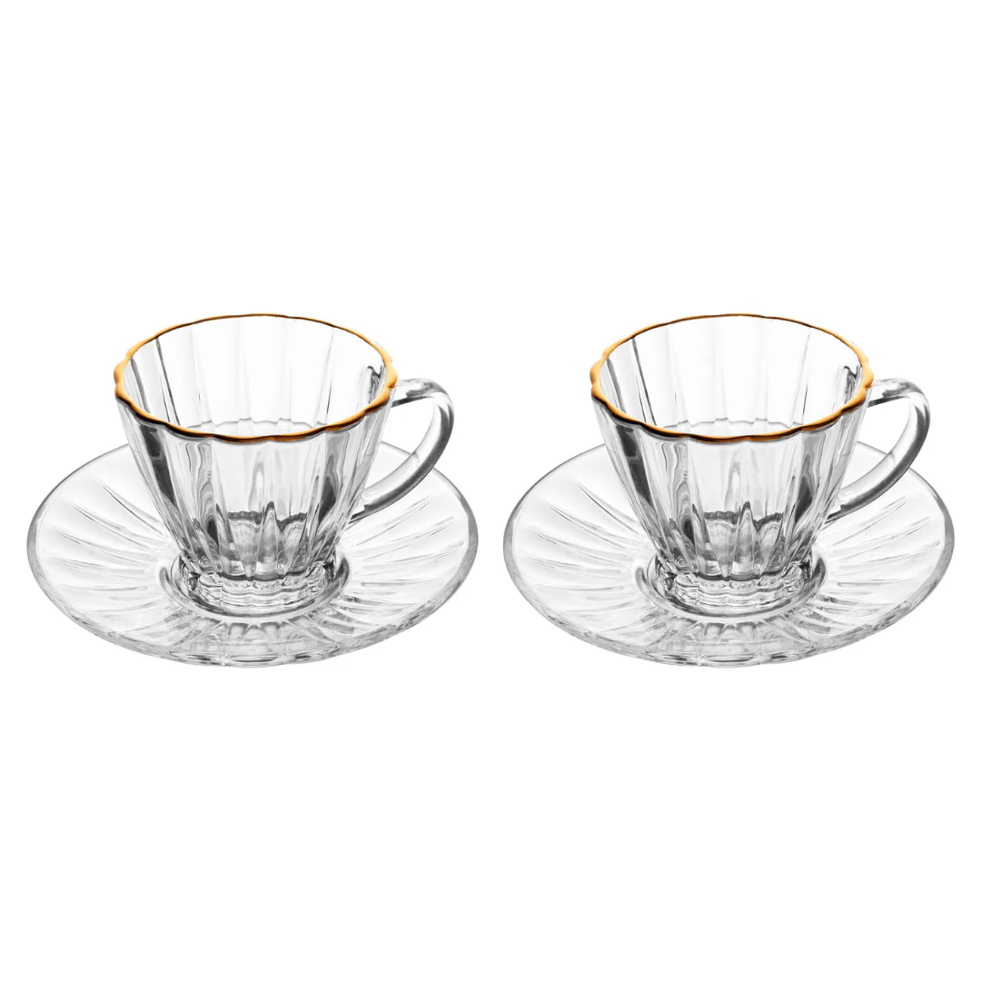 Jogo 2 Xícaras de Chá com Pires Radial em Cristal Fio de Ouro 180ml - Image 2