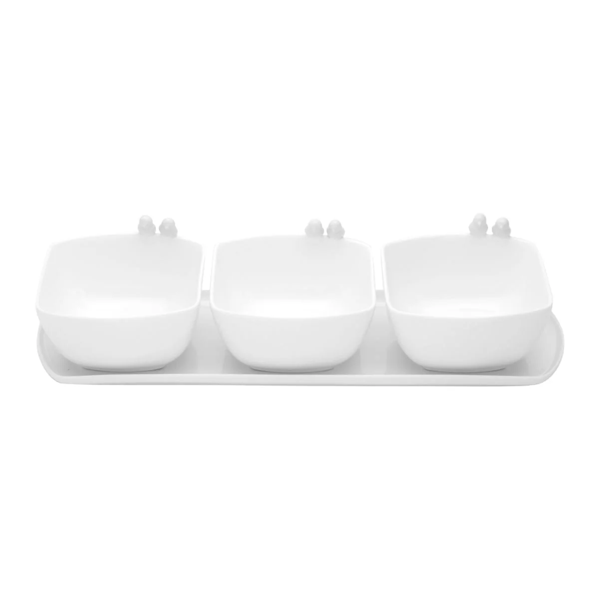 Jogo 3 Petisqueiras Porcelana com Bandeja e Colher Birds Branca 36cm - Image 3