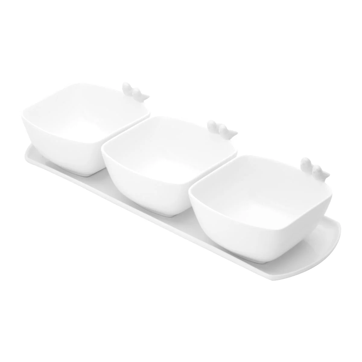 Jogo 3 Petisqueiras Porcelana com Bandeja e Colher Birds Branca 36cm - Image 4