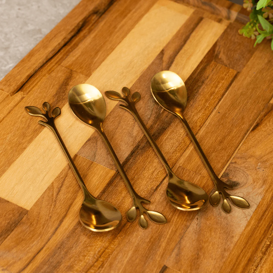 Jogo 4 Colheres Para Chá Aço Inox Leaves Dourado - Image 2