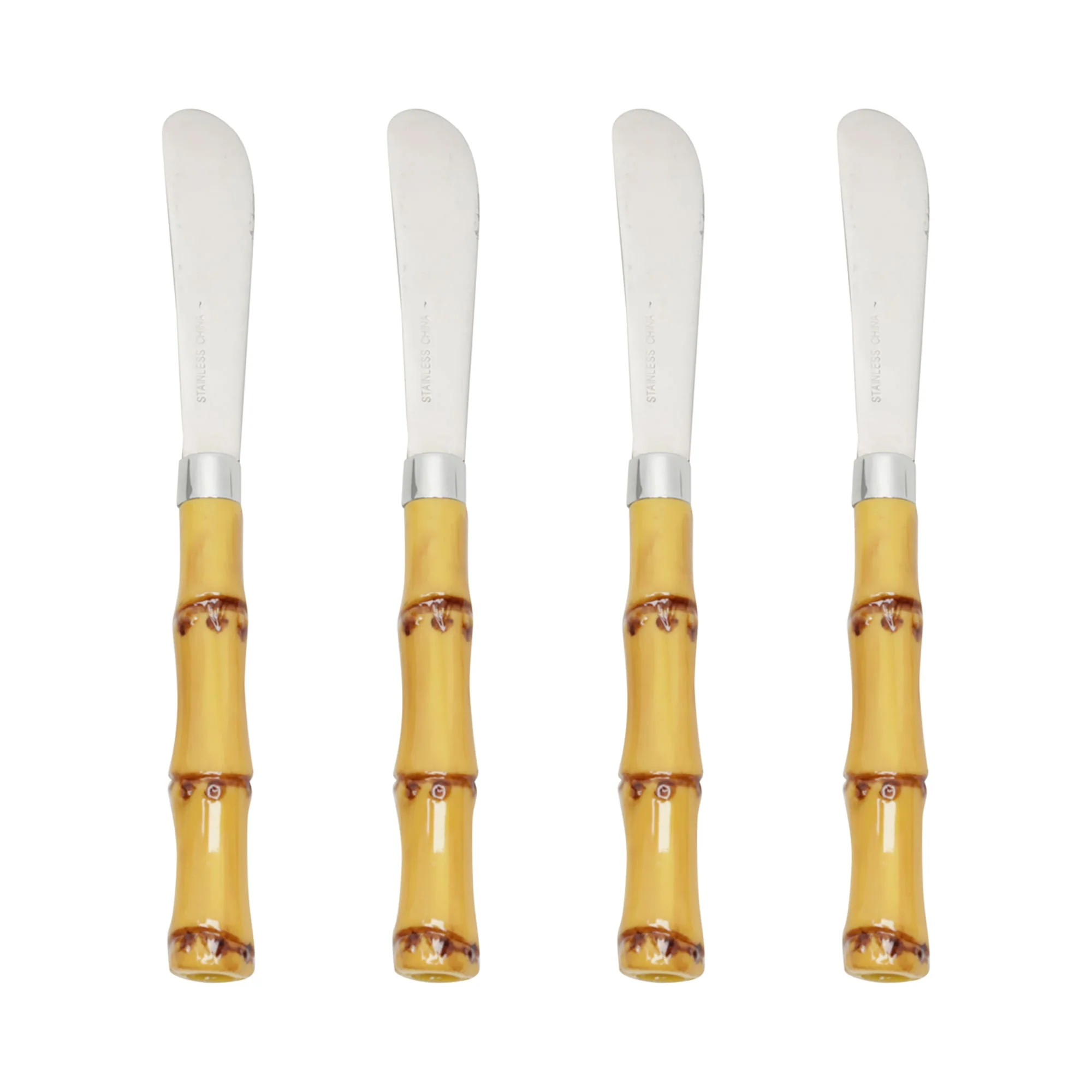 Jogo 4 Espátulas Luxo Bambu em Aço Inox com Cabo de Plástico 16cm