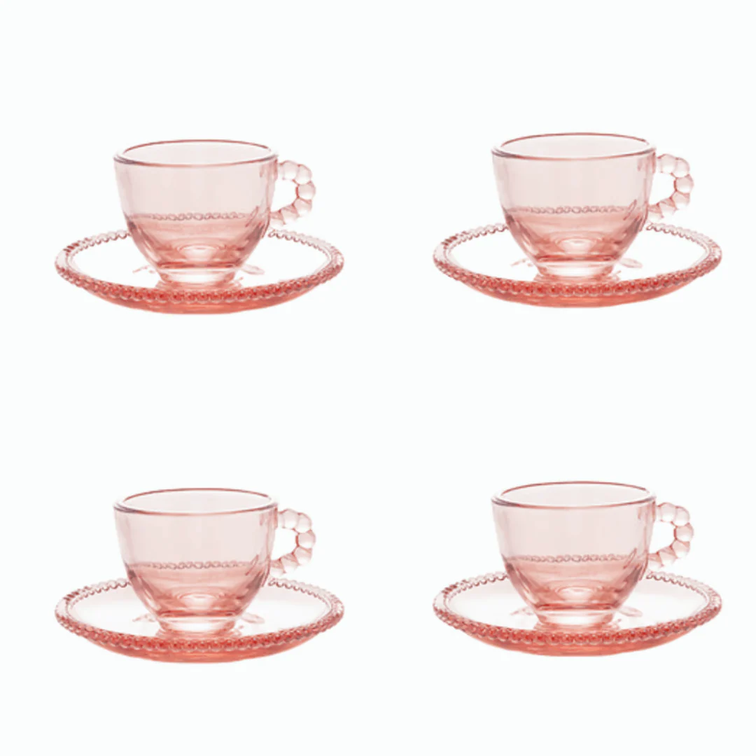 Jogo 4 Xicaras de Café Cristal de Chumbo com Pires Pearl Rosa 80ml