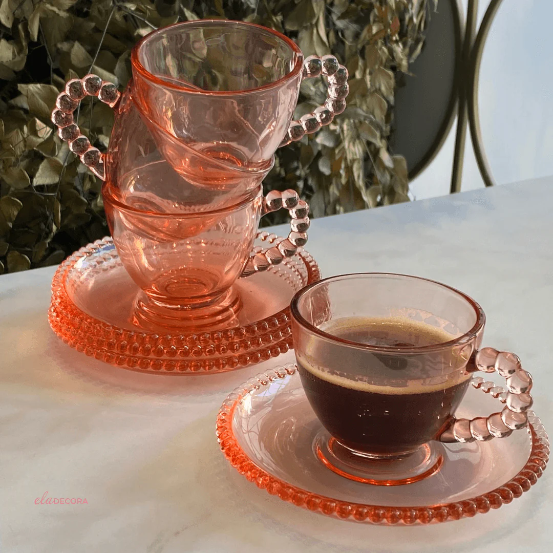 Jogo 4 Xicaras de Café Cristal de Chumbo com Pires Pearl Rosa 80ml - Image 4
