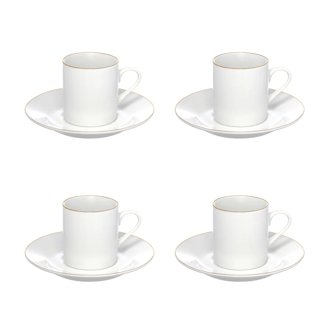 Jogo 4 Xícaras de Café Porcelana Royal Branco e Borda Dourada 90ml 4 Peças