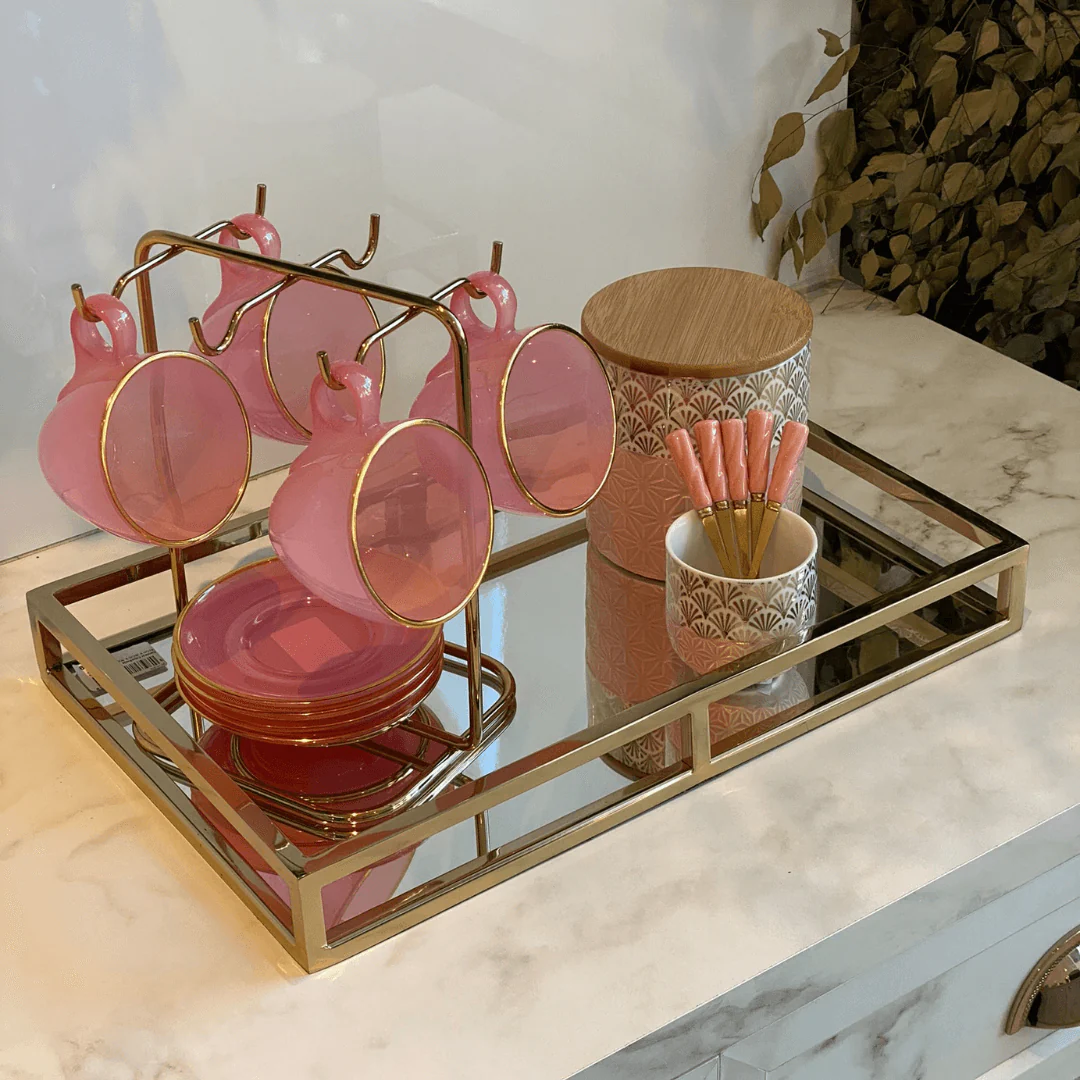 Jogo 4 Xicaras de Chá com Pires Fio de Ouro em Cristal Rosa 170ml - Image 3