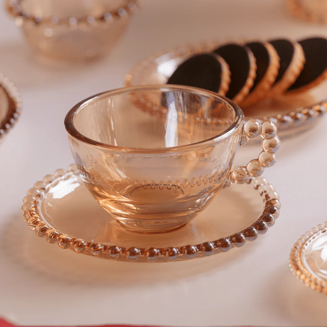Jogo 4 Xicaras para Chá em Cristal com Pires Pearl Âmbar 180ml - Image 2