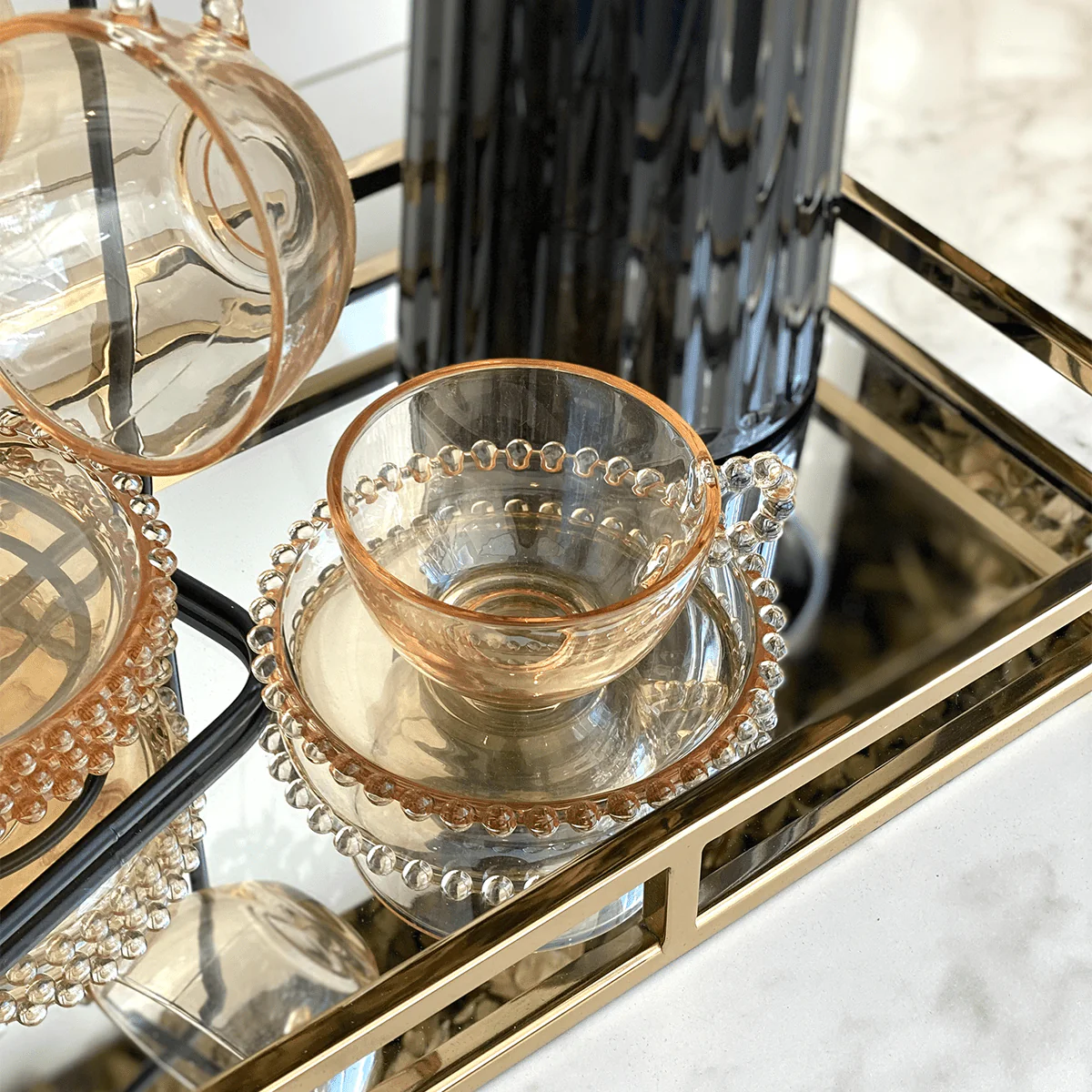 Jogo 4 Xicaras para Chá em Cristal com Pires Pearl Âmbar 180ml - Image 3