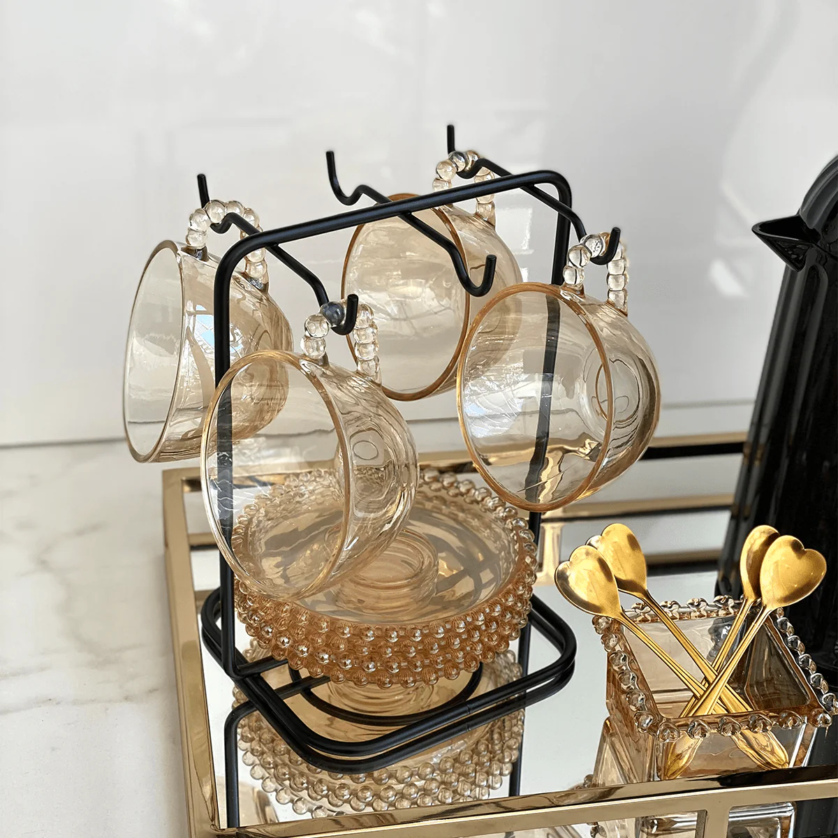 Jogo 4 Xicaras para Chá em Cristal com Pires Pearl Âmbar 180ml - Image 4