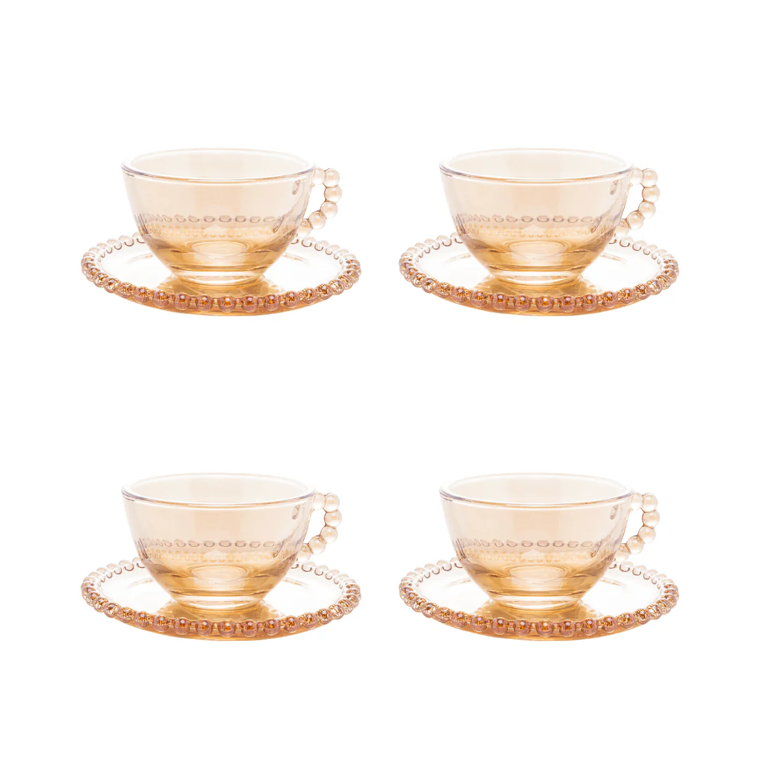 Jogo 4 Xicaras para Chá em Cristal com Pires Pearl Âmbar 180ml - Image 6