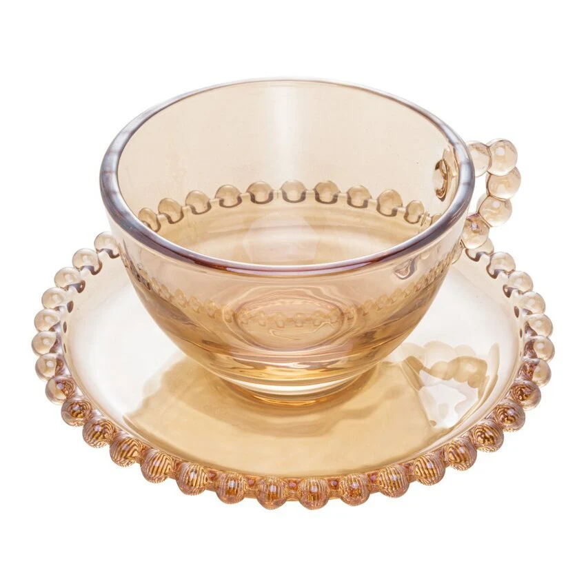 Jogo 4 Xicaras para Chá em Cristal com Pires Pearl Âmbar 180ml - Image 7
