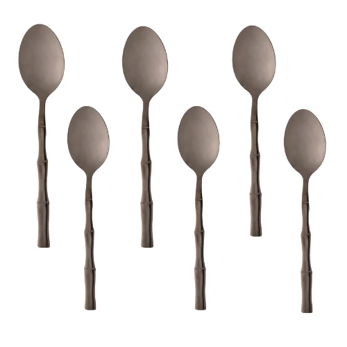 Jogo 6 Colheres para Chá Estilo Bambu Aço Inox Elegant Preto Ônix 12,5 cm