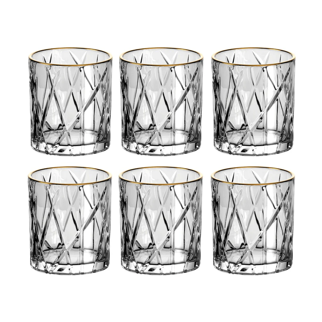 Jogo 6 Copos Baixos Whisky Forest Cristal Ecológico com Borda Dourada 310ml