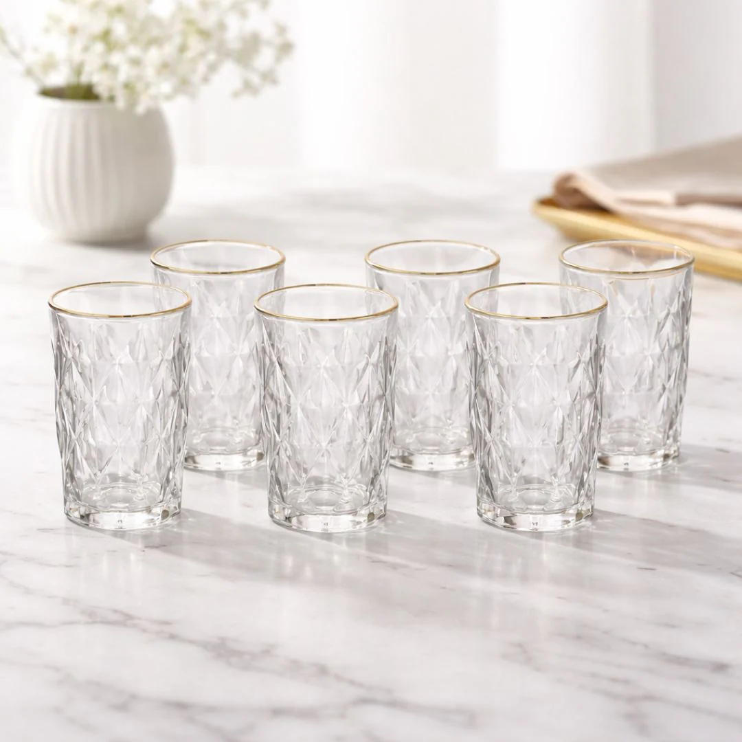 Jogo 6 Copos Diamond Long Drink Fio de Ouro 340ml