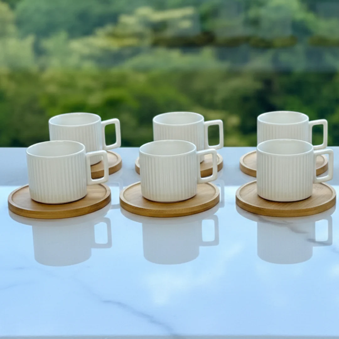 Jogo 6 Xicaras de Café Branca em Porcelana com Pires de Madeira 90ml - Image 2